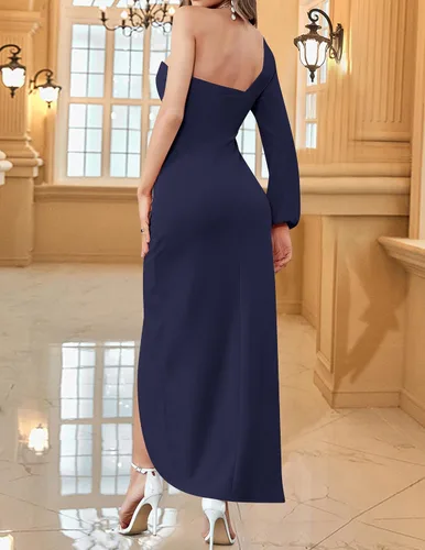 Vista 3 de ZESICA Vestido de cóctel de manga larga con un hombro para mujer, sexy, con abertura lateral, fruncido, entallado, para fiesta de boda