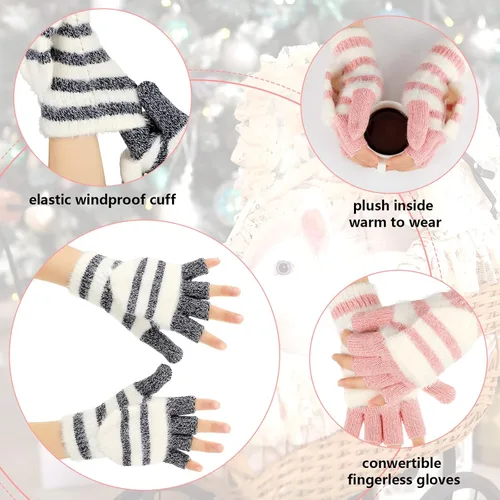 Vista 3 de SATINIOR 2 pares de guantes de invierno de punto sin dedos convertibles, guantes de invierno cálidos de lana para mujeres y hombres (rosa, negro)