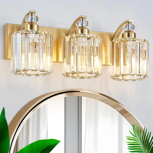 Vista 25 de Accesorio de Iluminación de Baño Moderno de 3 Luces Cromado Luces de Tocador de Baño Sobre Espejo Aplique de Pared con Pantallas de Cristal K9 Base