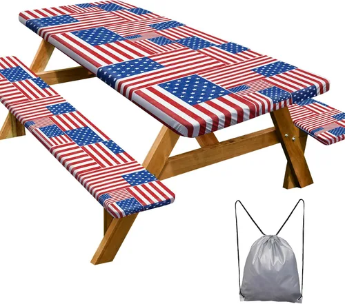 Vista 18 de Funda de mesa de picnic con fundas para bancos Esenciales de camping Mantel de picnic impermeable y a prueba de viento con bolsa de cordón, funda