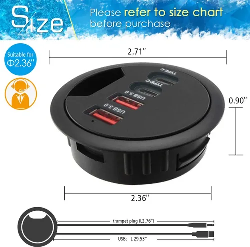 Vista 2 de Hub USB 3.0 con ojal para escritorio (diámetro de 2.36 pulgadas o 2.362 in) 2 puertos tipo A y 2 puertos tipo C, carga compatible y transmisión