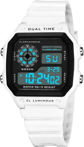 Vista 13 de PASOY Reloj de pulsera digital multifunción para hombre, con hora doble, alarma, cronómetro, cuenta regresiva, retroiluminación, resistente al agua