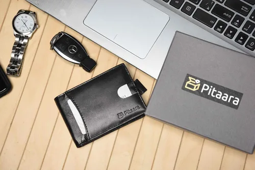 Vista 6 de Cuero genuino delgado hecho a mano minimalista bolsillo frontal bifold cartera con bloqueo RFID para hombres