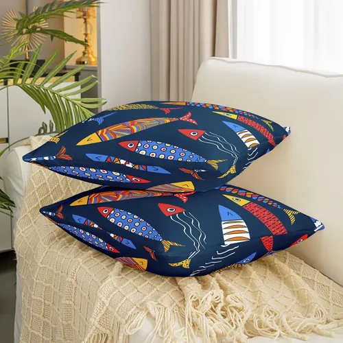Vista 2 de Juego de 2 fundas de almohada de animales marinos de 16 x 16 pulgadas, fundas de almohada decorativas de peces aztecas arco iris, fundas de almohada