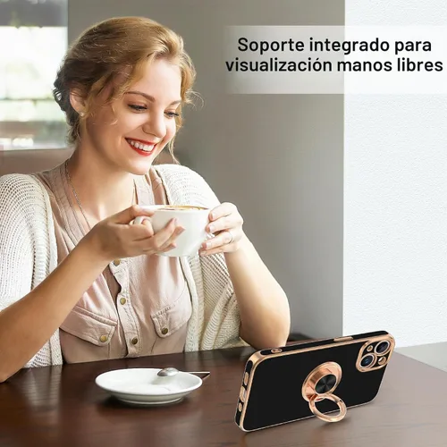 Vista 6 de Hython Funda para iPhone 15 con Soporte de Anillo, Soporte de Anillo Giratorio de 360° Soporte Magnético, Borde Chapado en Oro Rosa Cubierta Suave