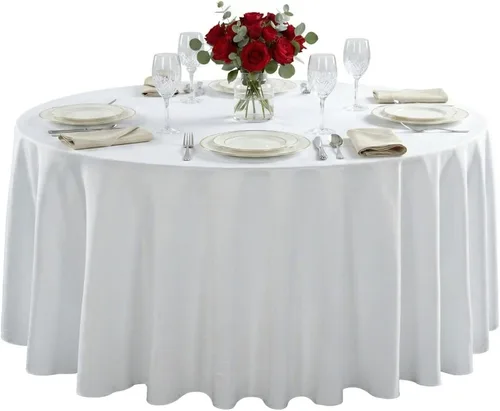 Vista 2 de Restaurantware Table Tek - Manteles redondos de 120 pulgadas para boda, 10 manteles redondos de poliéster blanco lavables sin arrugas