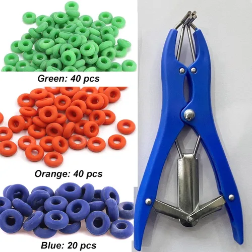Vista 3 de Kit de bandas de cabra y bandas de ganado con 1 alicates expansor, 100 anillos (azul, naranja y verde)
