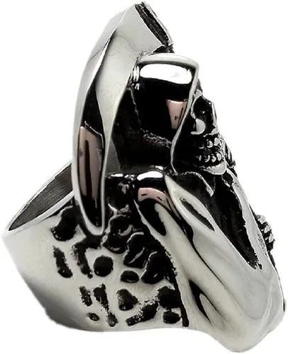 Vista 2 de Anillo de hoz de cráneo, anillo gótico de hoz de calavera para hombres, anillo de acero inoxidable con calavera punk, anillo de motociclista