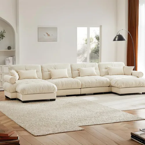 Vista 7 de Otomana color beige y blanco para sofá modular modular, sofá individual, asiento otomano para convertible seccional, sofá de terciopelo para sala