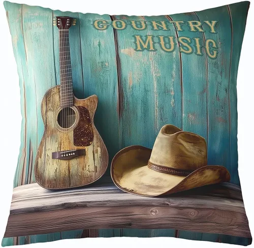 Vista 27 de Castle Fairy Cowboy Boots Throw Pillow Cover 16"x16" Bohemia Musical Guitar Pillowcase Western Rustic Cowgirl Reversible Print Cushion Cover Music
