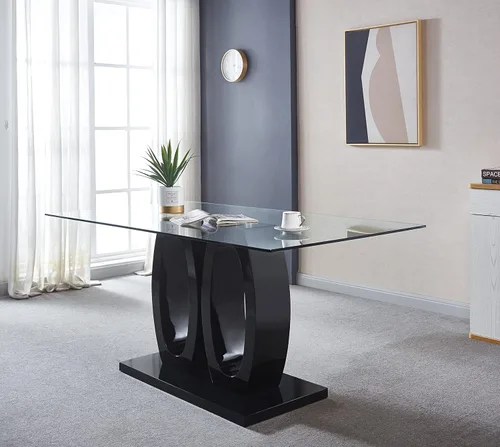Vista 4 de Mesa de comedor rectangular moderna de vidrio, mesa de cocina de vidrio con parte superior de vidrio templado transparente y pedestal de base doble