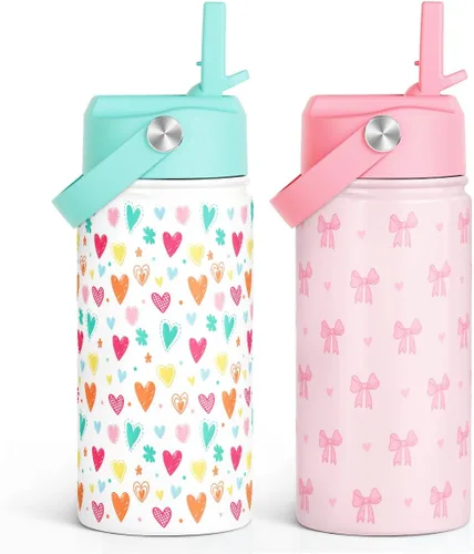 Vista 22 de SANDJEST Botella de Agua para Niños con Tapa de Pajita - 12 Oz Botella de Acero Inoxidable Aislada con Dibujo de Animales para Niños y Niñas - Taza