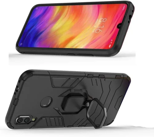 Vista 2 de Funda de teléfono para Xiaomi Redmi Note 7 Pro con cubierta protectora de pantalla de vidrio templado y soporte de anillo magnético Soporte híbrido