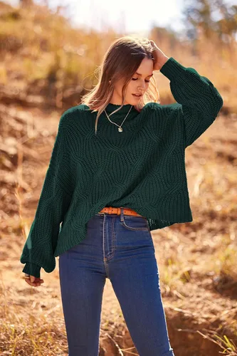 Vista 4 de PRETTYGARDEN Suéteres de otoño de gran tamaño para mujer, estilo casual, cuello redondo, manga larga, tejido trenzado grueso, blusa