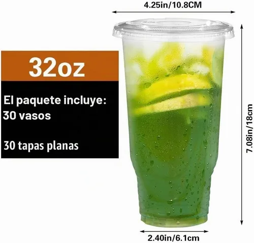 Vista 2 de Paquete de 30 vasos de plástico transparente de 32 onzas con tapas, vasos transparentes desechables de gran tamaño, popote de cubierta plana 32oz 30