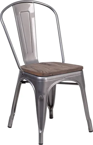 Vista 3 de Merrick Lane Silla de comedor apilable con respaldo de listones verticales de metal, marco recubierto transparente, asiento de madera de olmo
