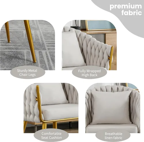 Vista 3 de BOSMILLER Sillas de comedor tejidas, modernas sillas de comedor con patas antideslizantes de metal dorado, respaldo alto curvado, silla de comedor