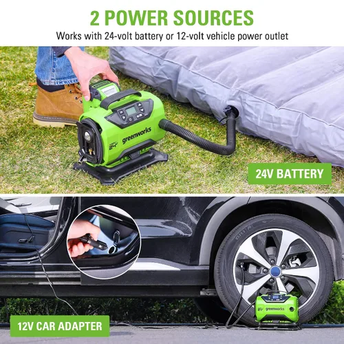 Vista 3 de Greenworks Inflador de neumáticos inalámbrico de 24 V (160 PSI) y cargador de batería