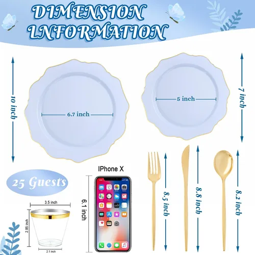 Vista 13 de WDF 175 piezas platos de plástico azul – Platos azul bebé resistentes desechables – Vajilla de plástico para 25 invitados, ideal para Bule y Oro