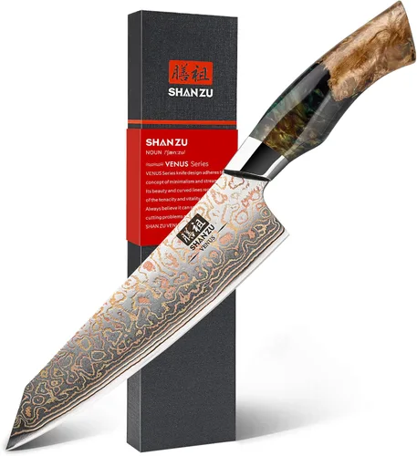 Vista 8 de Juego de cuchillos de cocina de Damasco SHAN ZU, cuchillos de cocina japoneses de cobre y acero de Damasco, cuchillo utilitario forjado a mano