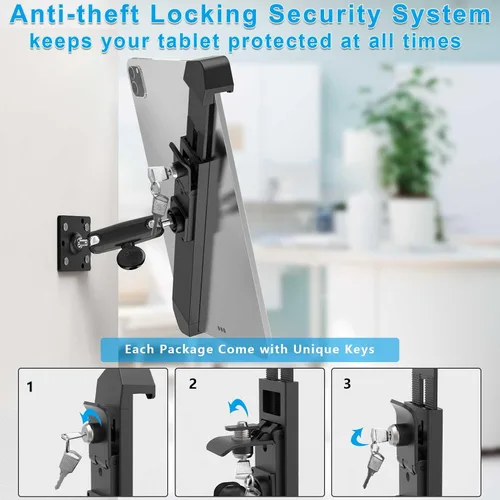 Vista 5 de Soporte de bloqueo de pared para tableta para iPad de 7 a 11 pulgadas, soporte de quiosco de tableta antirrobo de metal con bloqueo seguro para sala