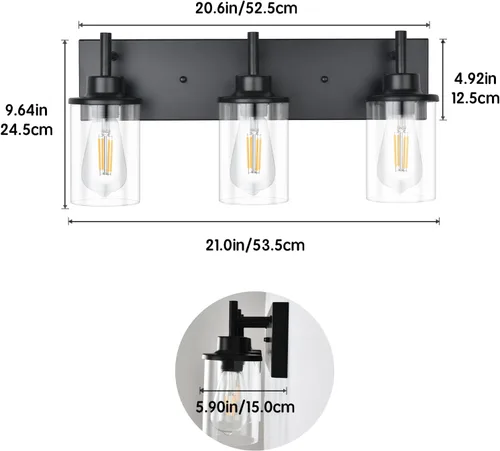 Vista 3 de GoYeel Accesorios de iluminación de tocador, aplique de pared negro mate de 3 luces negras con pantalla de vidrio transparente para dormitorio