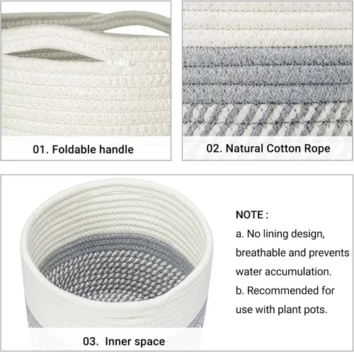 Vista 6 de Dahey - Canasta de cuerda de yute y algodón para plantas, mini cesta tejida para almacenamiento para macetas de hasta 7 pulgadas, cubierta