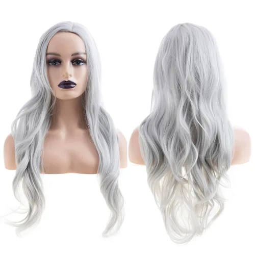 Vista 10 de Pelucas largas rizadas onduladas negras para mujer, parte lateral, aspecto natural, sintética, para cosplay, resistente al calor, peluca de repuesto