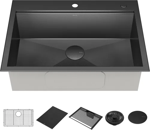 Vista 11 de DELTA FAUCET Delta Rivet 25 Pulgadas de Acero Inoxidable Negro Fregadero de Montaje Superior de Calibre 16 para Cocina con Tarja Única en Acabado
