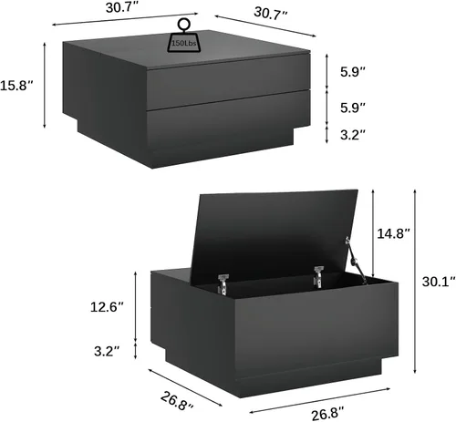 Vista 3 de HedoAjim Mesas de centro cuadradas con almacenamientos, moderna mesa de centro negra para sala de estar, mesas de centro de tapa abatible y 2