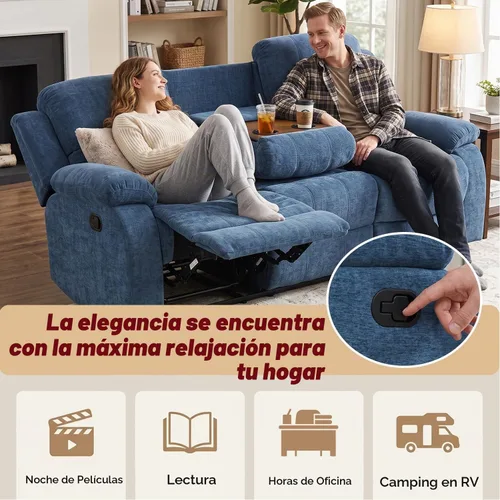 Vista 5 de Juego de sofá reclinable de 2 piezas, sofá reclinable de tela y sofá biplaza para sala de estar, sofá reclinable azul para sala de estar, oficina
