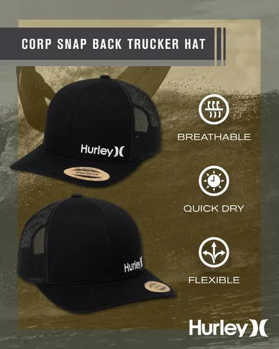 Vista 2 de Hurley Sombrero de camionero para hombre, diseño de corp a presión, cómodo, curvado con cierre de presión ajustable, sombreros de camionero