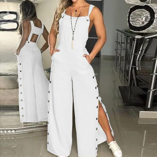 Vista 4 de Jumpsuits with Train Women's Summer Sleeveless Twisted Knot Cotton Linen Strappy Pants Button Openings Holey