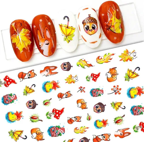 Vista 7 de Calcomanías de uñas de otoño 3D para mujer, hojas de arce de otoño, calcomanías de uñas para arte de uñas, dibujos animados, zorro, calabaza