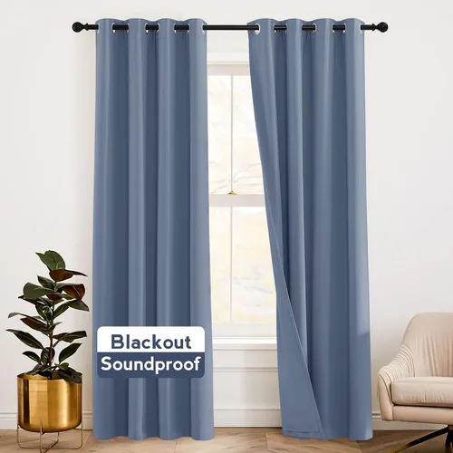 Vista 39 de RYB HOME - Cortinas con cancelación de ruido de 63 pulgadas de largo, juego de 2 paneles, 3 capas totales, cortinas opacas, insonorizadas