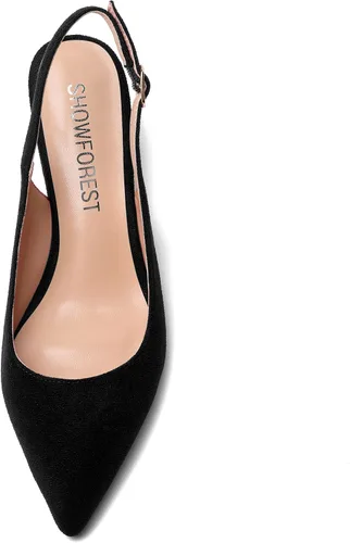 Vista 3 de SHOWFOREST Zapatos de tacón bajo con correa ajustable para mujer, con hebilla de gamuza y puntera puntiaguda, 2 pulgadas