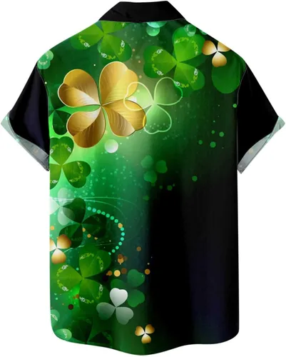 Vista 4 de Camisa de manga corta con botones para el día de San Patricio para hombre, estampado de trébol, camiseta de vacaciones, ajustada, casual, blusa