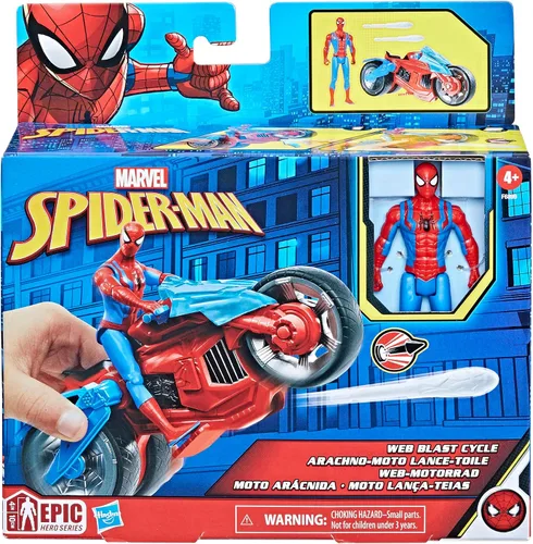 Vista 2 de Marvel Spider-Man Web Blast Cycle, figura de acción de 4 pulgadas con vehículo y 2 proyectiles web, juego de juguetes para niños a partir de 4 años