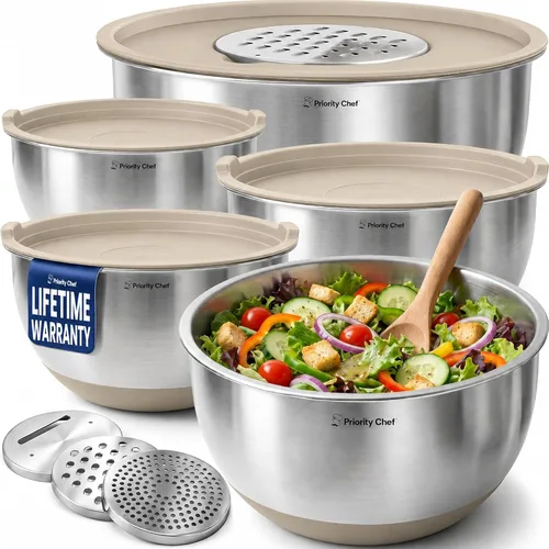 Vista 12 de Priority Chef Juego de tazones para mezclar de acero inoxidable con tapas, 3 accesorios para rallar, tapas herméticas, base de silicona