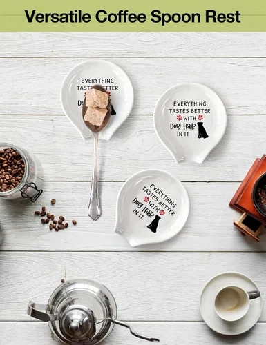Vista 6 de WHING - Divertido soporte de cuchara de té de cerámica blanca para café, todo sabe mejor con pelo de perro, decoración de estación de café