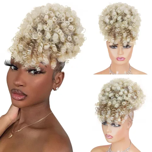 Vista 15 de Cola de caballo con cordón para mujeres negras Afro Puff Cola de caballo con cordón con flequillo Cola de caballo corta crespa y rizada Moño cola