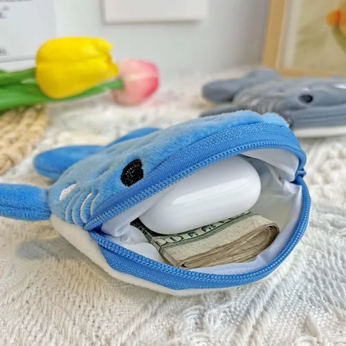 Vista 9 de Monedero de tiburón ballena, bolsa de felpa para niños, bonita cartera Kawaii con llavero con cremallera, pequeño bolso bordado de peces marinos