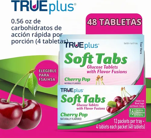 Vista 2 de TRUEplus Soft Tabs Tabletas de glucosa, masticables, sabor Cherry Pop, 0.64 onzas de carbohidratos de acción rápida, sin grasa, sin gluten, Boost