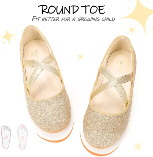 Vista 4 de MEJORMEN Zapatos de vestir con purpurina para niñas, zapatos planos de ballet Mary Jane, zapatos de bailarina, boda, uniforme escolar, zapatos
