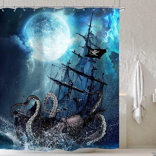 Vista 6 de Cortina de ducha de playa de pulpo para niños, 60 pulgadas de ancho x 72 pulgadas de alto, juego de cortina de baño náutica Kraken anime barco