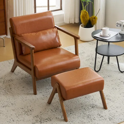 Vista 2 de MOJAY Silla Decorativa Moderna con Otomana, Silla de Brazos Tapizada en Cuero Sintético PU para Sala de Estar, Dormitorio, Balcón, Recepción