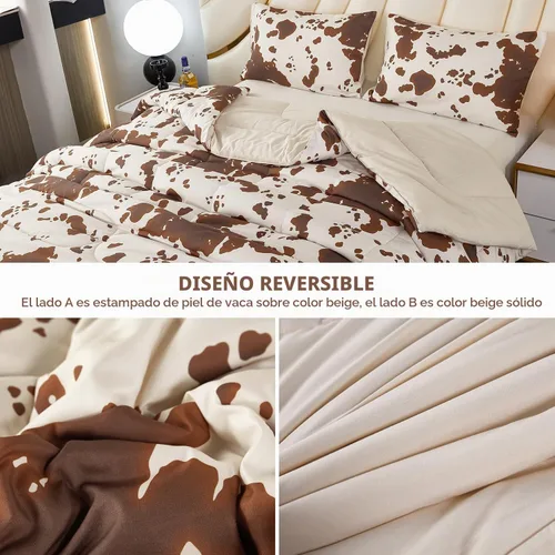 Vista 5 de PERFEMET Juego de ropa de cama con estampado de vaca marrón y beige, juego de edredón de 3 piezas de piel de vaca de dibujos animados para niños