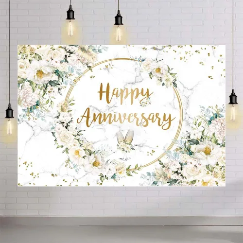 Vista 4 de MEHOFOND Telón de fondo de feliz aniversario de 7 x 5 pies con diseño floral blanco para fotografía de aniversario de boda, fondo geométrico