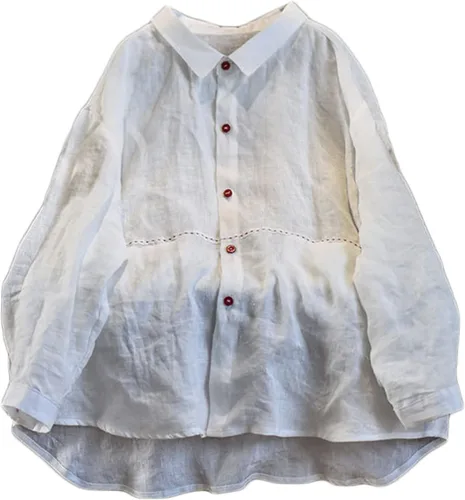 Vista 10 de NFYM Camisa de lino y lino con botones para mujer, hecha a mano, manga larga, ajuste holgado, cuello con bolsillo