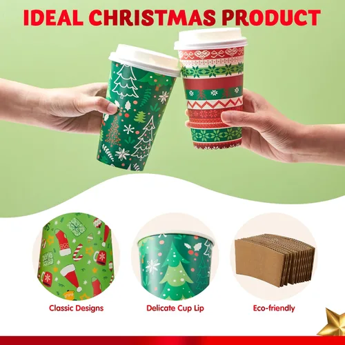 Vista 3 de JOYIN 24 vasos de papel desechables de Navidad, vasos de fiesta de Navidad de 16 onzas con mangas y tapas, 8 diseños de vasos de café de Navidad